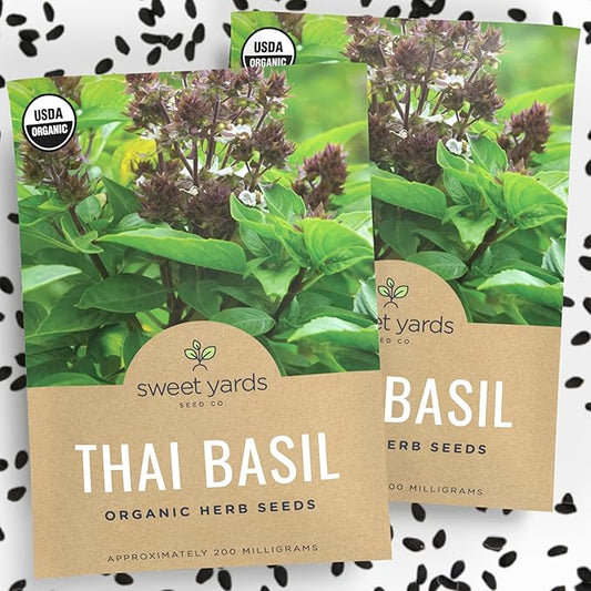 Organic Thai Basil Seeds – Seed Packet of Over 440 Open Pollinated Non-GMO Seeds – Sweet Yards Seed Co.