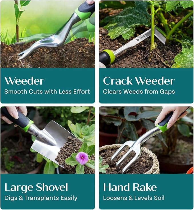 Heavy Duty Gardening Tools - Gardening Gifts for Women, Men, Mom, Dad - Durable, Ergonomic Garden Tools Set (Green)