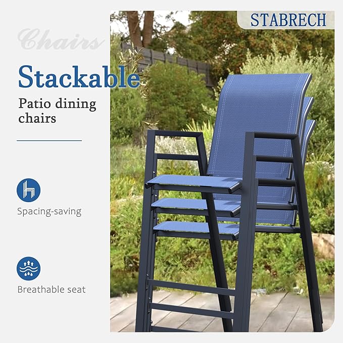 Outdoor Bar Stools Set of 6, 44'' Patio Bar Chairs with Textile High Back, Bar Height Chairs with Straight Armrest and Footrest, Blue