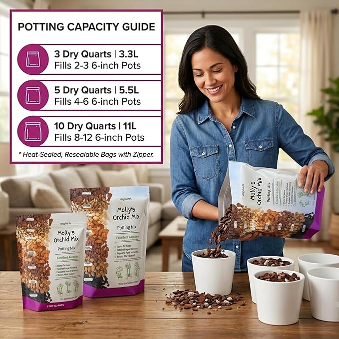Molly's Orchid Potting Mix - Premium Gritty Soilless Orchid Mix - Chunky High Drainage vs Standard Potting Soil for Indoor Plants - Contains Bark, Coco Chips, Akadama, Pumice, Lava Rock 3 Dry Quarts