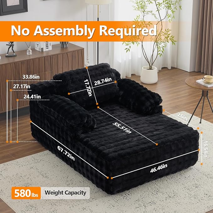 VINGLI 67.7" Oversized Chaise Lounge Chair Indoor Reading Chairs Comfy Bubble Fleece Upholstered Boneless Sofa Bed Sleeper Sofa Cloud Couches for Living Room, Bedroom, Play Room (Black)