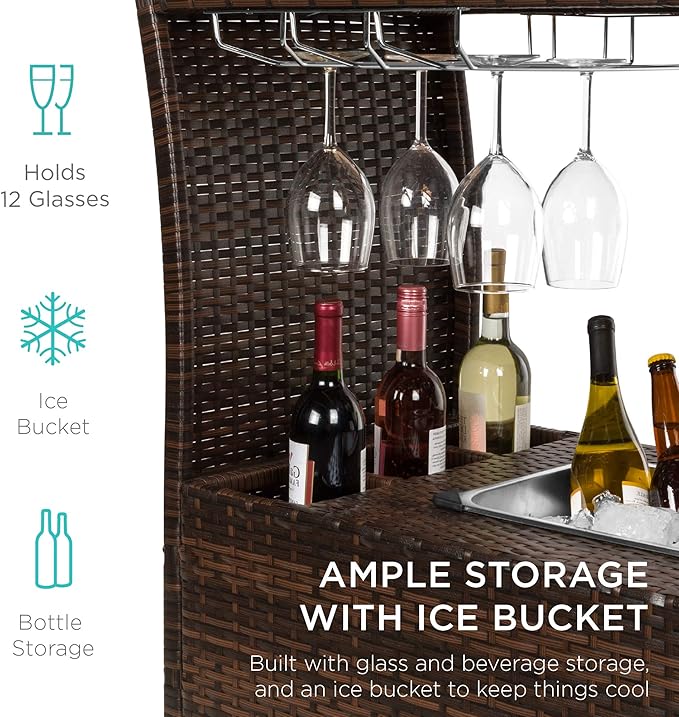 Best Choice Products Outdoor Rolling Wicker Bar Cart w/Removable Ice Bucket, Glass Countertop, Wine Glass Holders, Storage Compartments - Brown