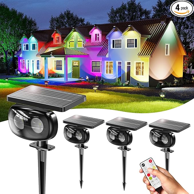 Solar Spot Lights Outdoor Waterproof IP68, RGB Colors Changing Solar Lights with 4 Lighting Modes, Solar Powered Lights Outdoor for Garden Yard Pathway Landscape (4Pack)