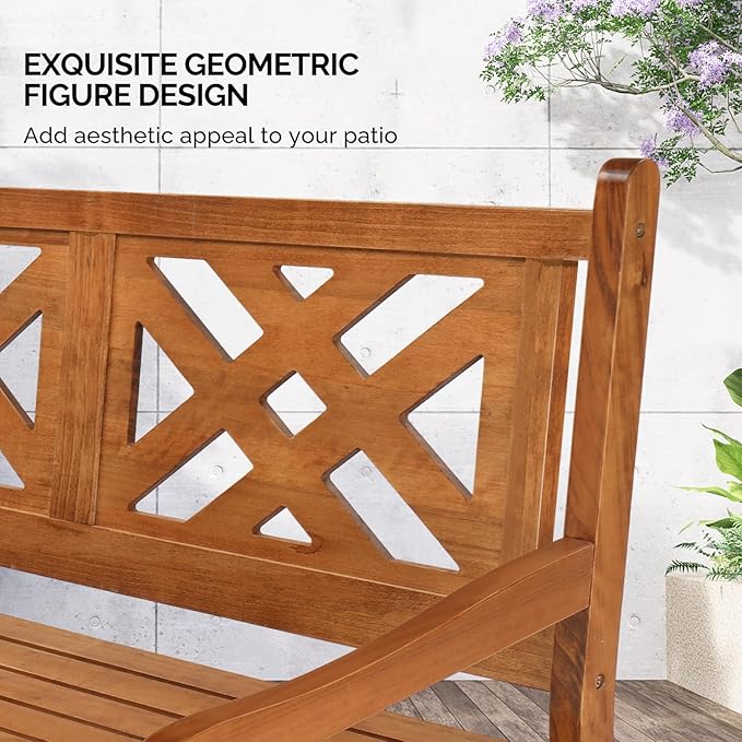 VINGLI 50" Outdoor Wood Bench, Weatehr Resistant Wooden Garden Patio Bench with Comfortable Backrest & Curved Armrest, 800lb Capacity Loveseat for Front Porch Park Yard Deck (Natural, Geometric)