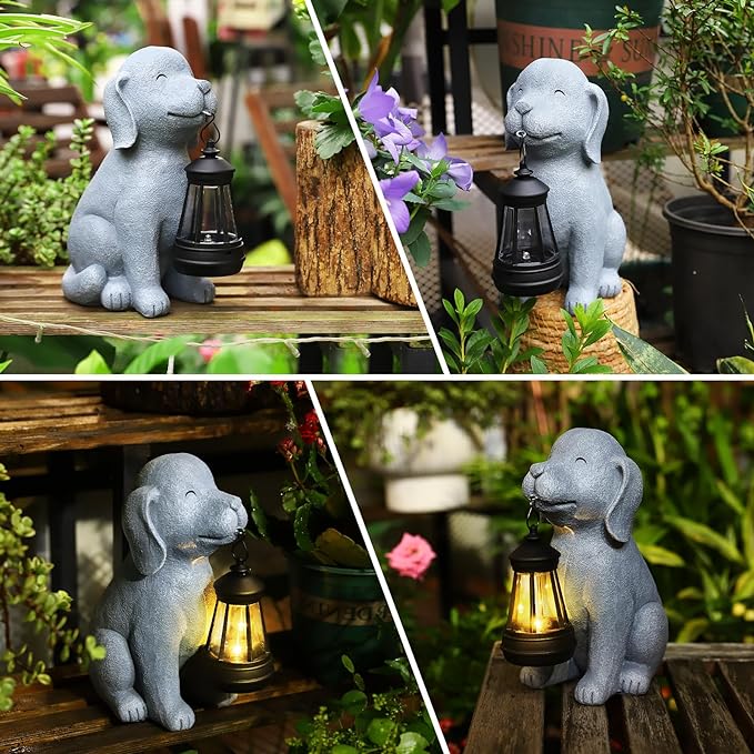Solar Dog Garden Statue with Lantern, Outdoor Waterproof Dog Figurine Decor for Patio Yard Lawn, Birthday Garden Gifts for Women Mom Grandma, Housewarming Gift
