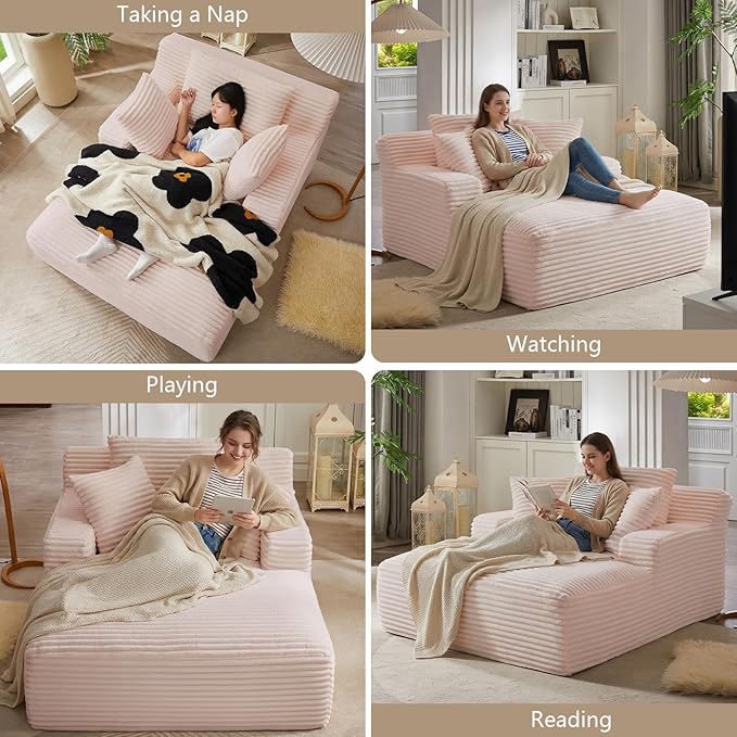 66" Chaise Lounge Chair Indoor, Oversized Boneless Couch Comfy Upholstered Sleeper Sofa Bed with 3 Pillows, Corduroy Cloud Reading Chair for Living Room No Assembly Required, Pink
