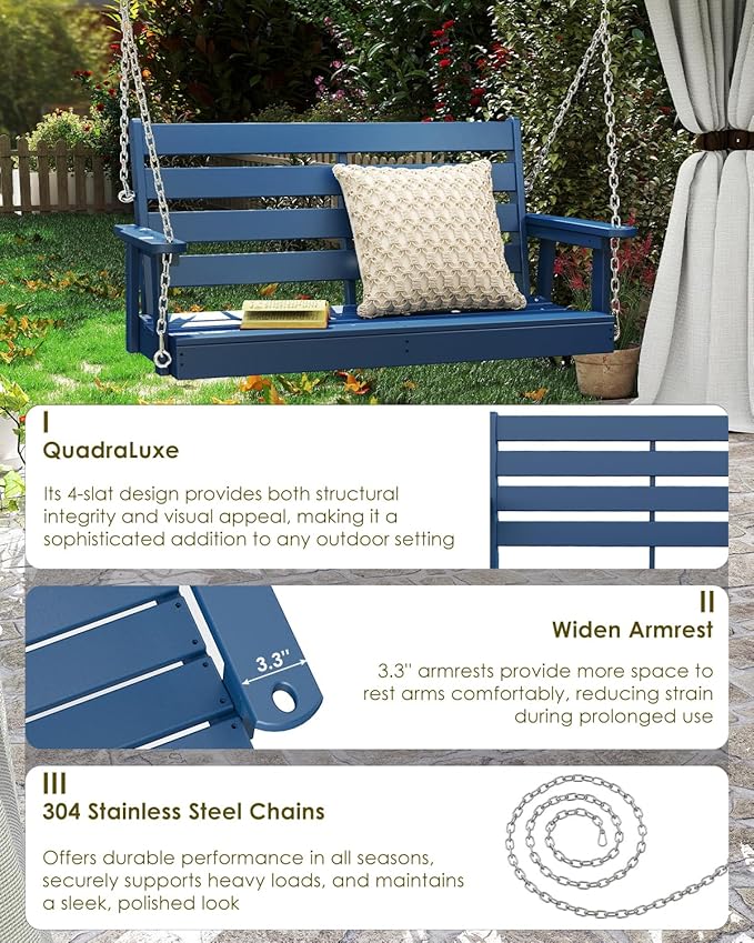 GREENVINES Porch Swing | 51’’ | HDPE Plastic | for Outdoor Patio | All Weather | Waterproof Bench Swings | w/ 4 Stainless Steel Chains | Blue