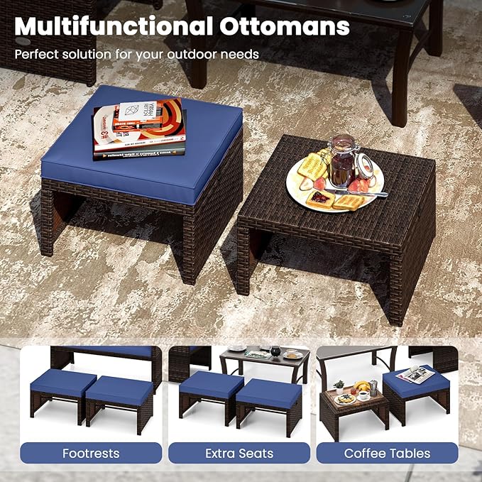 Tangkula 2 Pieces Patio PE Rattan Ottomans, Multipurpose Outdoor Footstool Footrest Additional Seating Side Table with Soft Zippered Cushions for Deck, Garden, Poolside and Yard (Navy Blue)