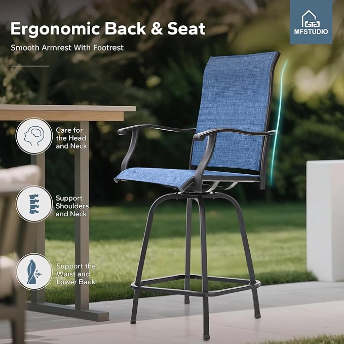 MFSTUDIO Outdoor Bar Stools Set of 2, Swivel Bar Height Patio Chairs Outdoor Barstools High Top Patio Swivel Bar Chairs, Breathable Textilene, Navy Blue