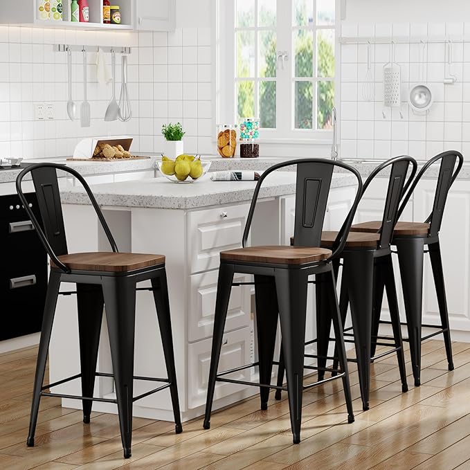 Yongqiang 30 inch Bar Stools Set of 4 Black Metal Bar Height Stools Modern Farmhouse Kitchen Island Barstools Bar Chairs with Large Wooden Seat, High Back