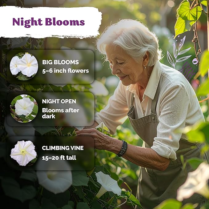 KVITER 50 Moonflower Seeds For Planting (Ipomoea alba) – White Morning Glory Seed Packets, Moon Flowers – Heirloom Vine White Flower Seeds Climbing Plants For Containers Indoor & Outdoor Flower Garden
