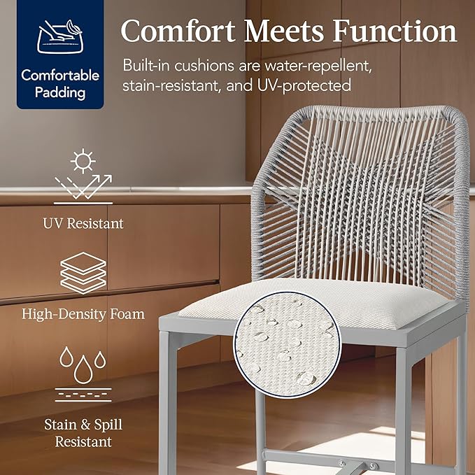 Best Choice Products Indoor Outdoor Counter Height Bar Stools Set of 2, Armless Kitchen Counter Stools w/Back and Footrest, Built-in Cushion, Aluminum Frame - Gray/Meteor