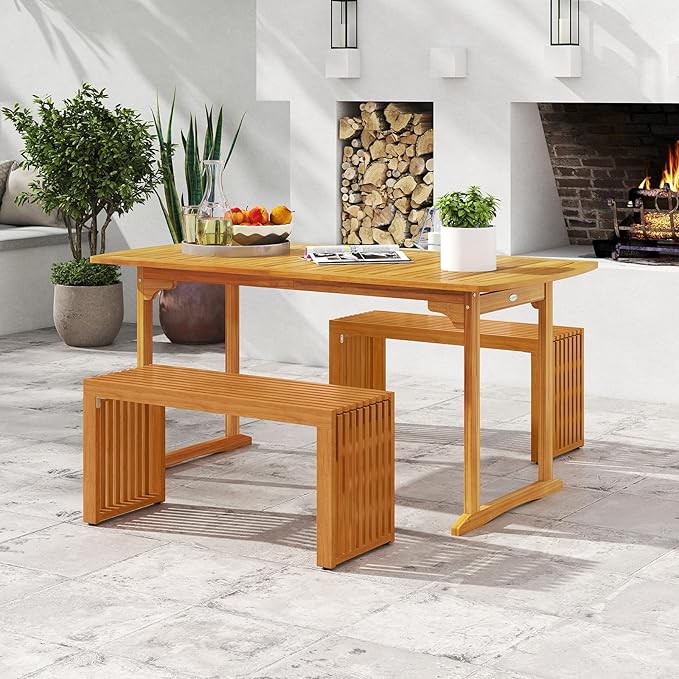 Tangkula Patio Acacia Wood Bench, 36” Outdoor All-Slat Wood Bench for 2 People, 800 lbs Capacity, Outdoor Backless Seating Furniture for Park, Garden, Yard, Porch (2,Teak)
