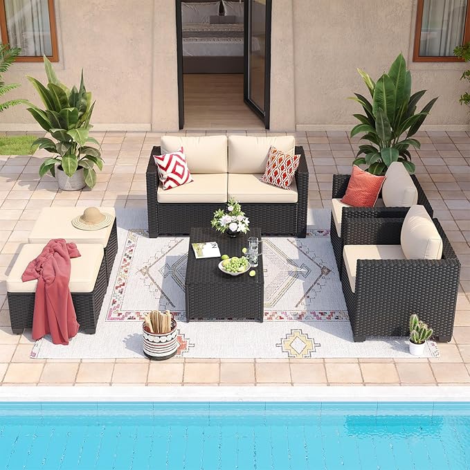 Aoxun 7 Piece Outdoor Patio Furniture Set 6 Seats, Outdoor Sectional with Thick Waterproof Cushions & Storage Coffee Table, Patio Conversation Sets for Garden,Backyard, Porch, Balcony, Deck, Beige