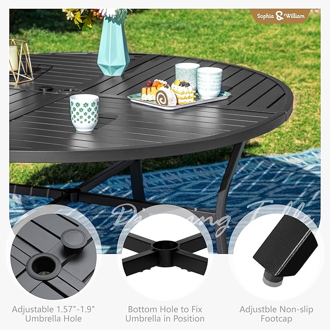 Sophia and William Swivel Patio Dining Set for 6, Outdoor Table and Chairs, Removable Seat Cushions, Black 54" Round Patio Dining Table,Red