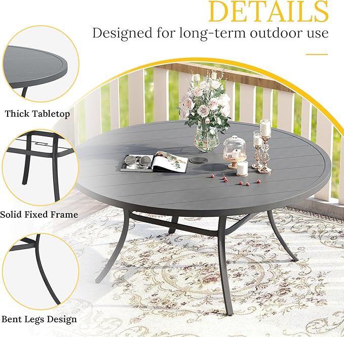 VICLLAX 50" Outdoor Round Patio Table with Umbrella Hole, All Weather Metal Round Outdoor Dining Table for Lawn Garden, 6-8 Person Table, Grey