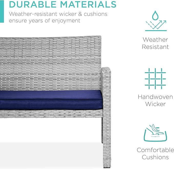 Best Choice Products 4-Piece Outdoor Wicker Patio Conversation Furniture Set for Backyard w/Coffee Table, Seat Cushions - Gray/Navy