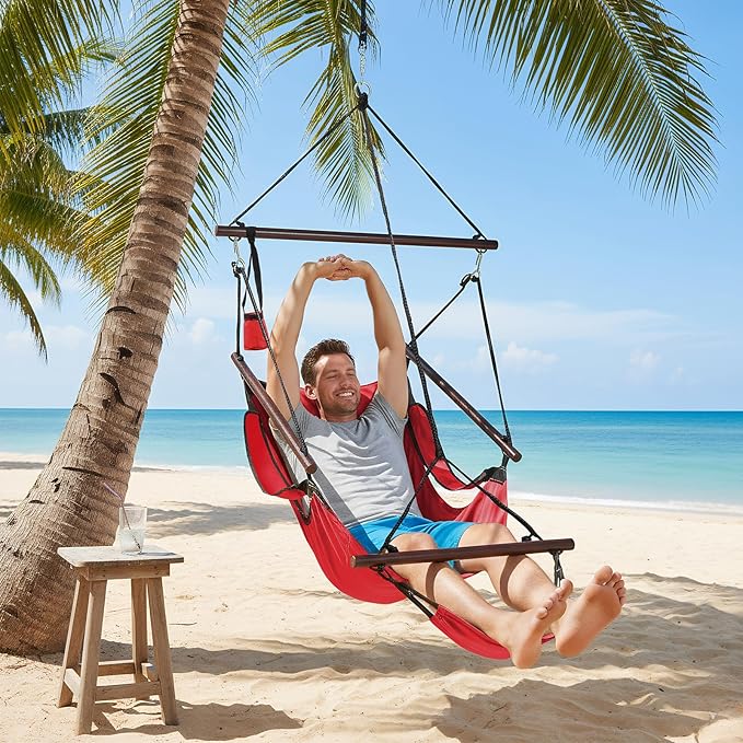 ONCLOUD Hammock Chair Hanging Swing Seat Air Deluxe Rope Through Beech Wood Bars, Drink Holder & Fuller Pillow Safer Relax for Indoor Outdoor 250Lbs, Red