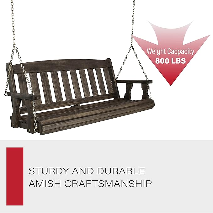 Amish Casual Heavy Duty 800 Lb Mission Treated Porch Swing with Hanging Chains (5 Foot, Dark Walnut Stain)