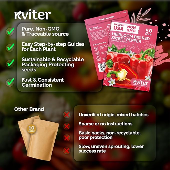 KVITER 50 Big Red Bell Pepper Seeds (Capsicum annuum) – Large Sweet Peppers Seed Packets, Sweet Red Pepper Vegetable Garden – Heirloom Vegetable Seeds Outdoor &, Indoor Garden Containers
