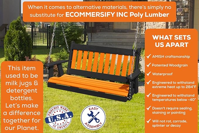 Poly Lumber Wood 4FT Mission Porch Swing Amish Craftsmandship Made in USA HDPE with No Wood fibers 1000 lbs Limit. Stainless Steel Hardware.Signature Design for Patio Outdoor Backyard Garden Park