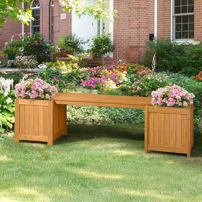 VINGLI Outdoor Wood Bench with Planter Boxes, 2-in-1 All-Weather Porch Bench Seat ＆ Open-Ended Wooden Raised Garden Bed, for Balcony Yard Patio (2 Boxes)