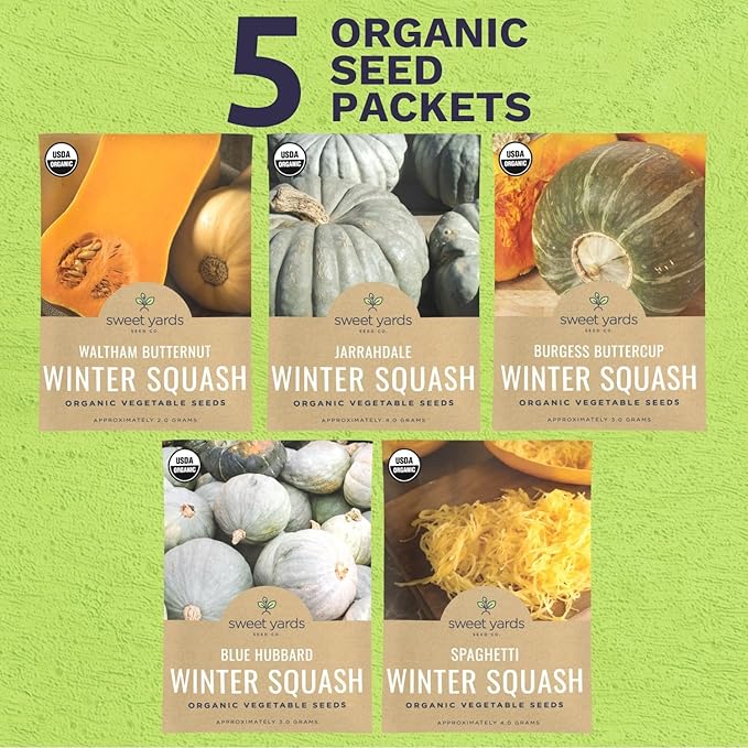 Organic Winter Squash Variety Pack - 5 Individual Packs - 2026 Season - Butternut Squash, Spaghetti Squash, Jarrahdale Pumpkin Squash & More! For Indoor & Outdoor Planting (Non-GMO, Certified Organic)
