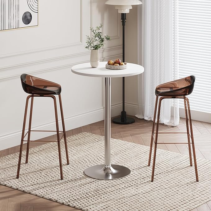 Flamaker Round Bistro Pub Table Modern Style Metal Base MDF Top Cocktail Bar Table Counter Bar Height for Pub, Dining Room, Party (1, White-Silver)