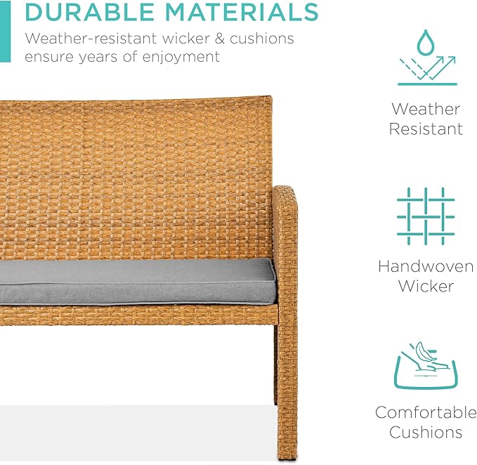 Best Choice Products 4-Piece Outdoor Wicker Patio Conversation Furniture Set for Backyard w/Coffee Table, Seat Cushions - Natural/Cement Gray