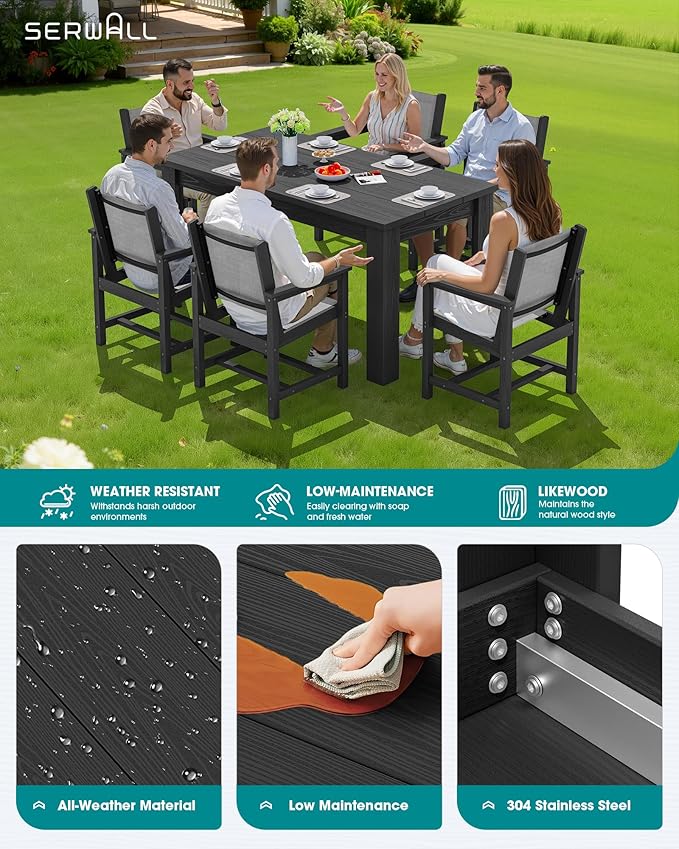 SERWALL 7 Piece Outdoor Dining Table Sets for 6 with 1 Umbrella Hole Cut-Out Rectangular Table and 6 Textilene Chairs, HDPE Dining Table Sets for Garden, Backyard, Poolside, Black