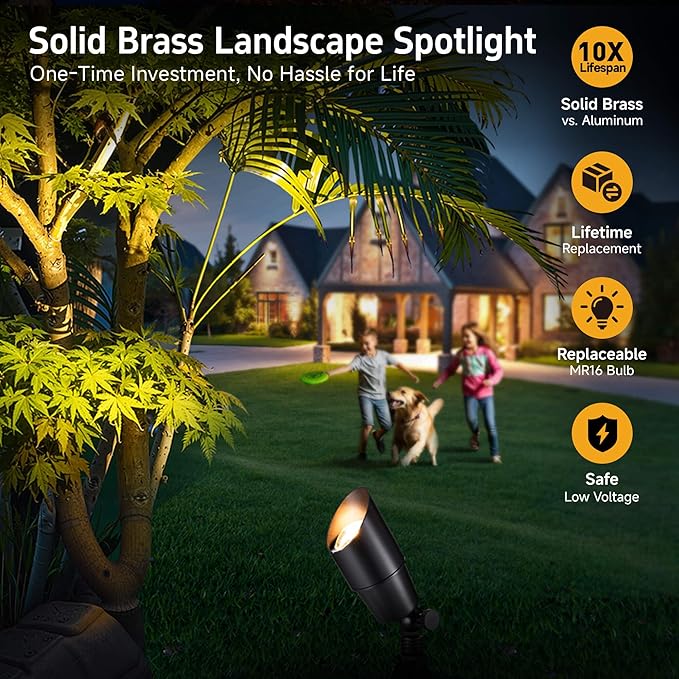 Gardenreet Solid Brass Spot Lights - Black Low Voltage Landscape Spotlight Outdoor, 12V LED Uplights Wired, Waterproof Electric for Patio Wall Without MR16 Bulb (6 Pack)