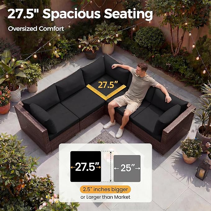 NICESOUL Large Size Patio Furniture Set with Fire Pit Natural Gas/Propane, 29.3'' High Backrest Luxurious Outdoor Modular Sofa Set, 9 Piece Heavy Duty Conversations, Brown Rattan and Black Cushion
