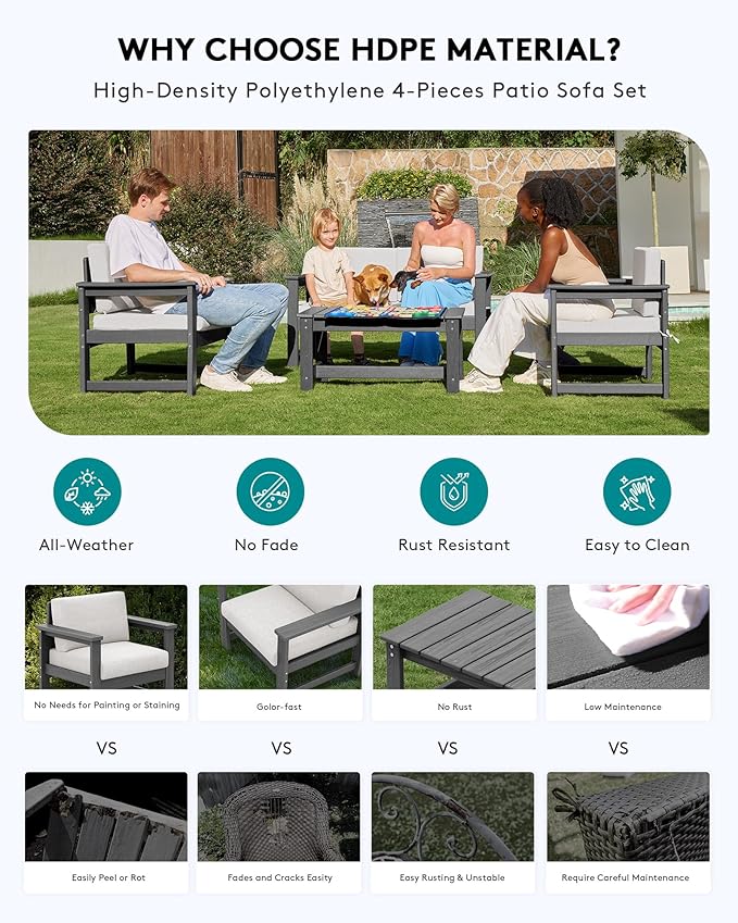 SERWALL 3 Pieces HDPE Outdoor Sofa Bistro Set with Cushions, Outdoor Furniture Sofa Sets with Coffee Table and Cushions, All Weather Conversation Social Set, Grey Frame with Khaki Cushion