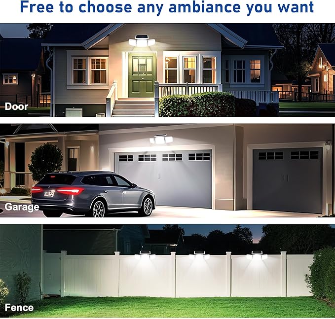 White Solar Security Light Outdoor Super Bright LED, Motion Sensor Flood Light, 3 Heads 270° Wide Angle, Remote Control, IP65 Waterproof, 3 Modes (6 Packs)