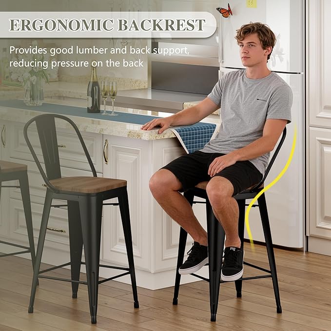 Yongqiang 30 inch Bar Stools Set of 4 Black Metal Bar Height Stools Modern Farmhouse Kitchen Island Barstools Bar Chairs with Large Wooden Seat, High Back