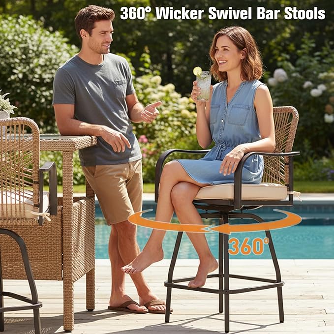 Outdoor Bar Stools Set of 2, 360° Swivel Metal Frame, Wicker Patio Bar Height Stools with Cushion, All-Weather Rattan Chair Design for Patio Backyard, Lawn Garden, Balcony, Poolside