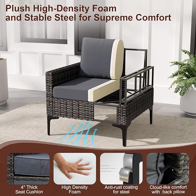 4-Piece Patio Furniture Set,Outdoor Wicker Patio Conversation Set with Tempered Glass Table,All-Weather Rattan Sectional Loveseat&Chairs with Thick Cushions for Garden,Deck,Backyard-Grey