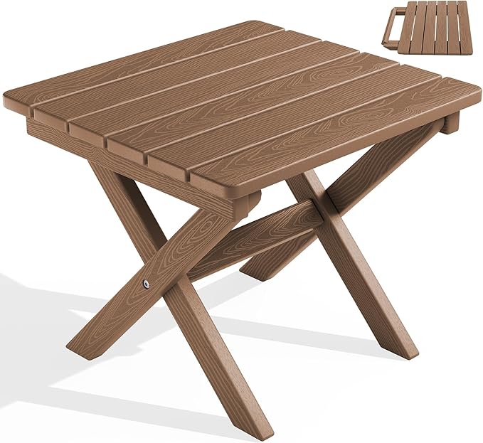 SERWALL Folding Outdoor Side Table, HDPE Adirondack End Table, No Assembly Required Small Table for Indoor and Outdoor Use, Brown