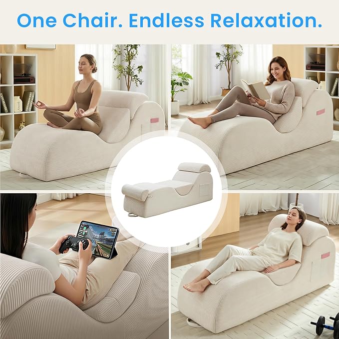 ijuicy 25" Wide Corduroy Yoga Chair, Yoga Lounge Chair for Adults, Chaise Lounge Chair Indoor/Yoga Lounger with Headrest, Waist Cushion, Movable Footrest, Side Pockets, High Density Sponge-Beige