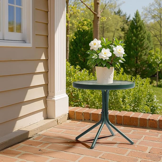 VINGLI Outdoor Side Table, 18" Patio Table Steel Frame Tempered Glass Top, Weatherproof Small Tables for Balcony Garden Poolside (Green, Round)