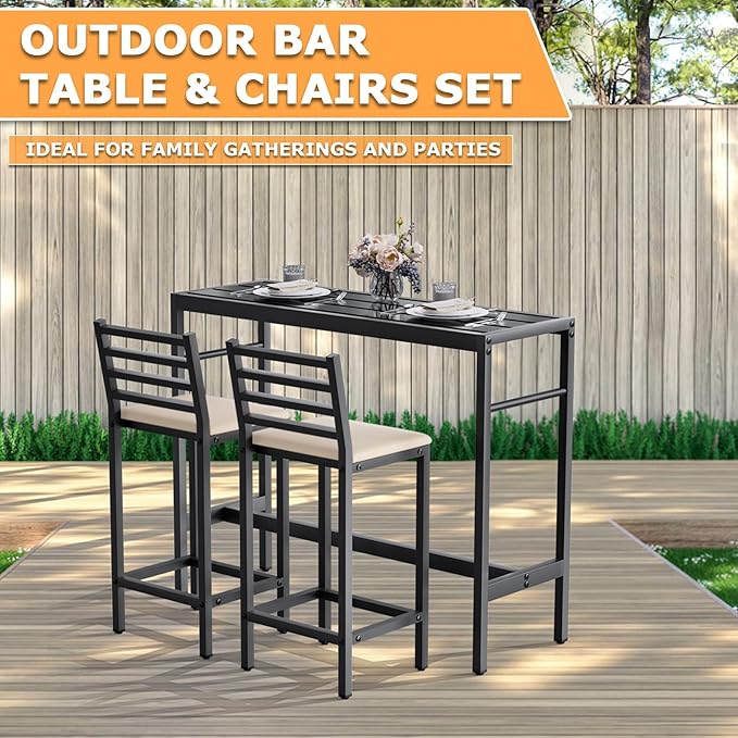 3 Piece Outdoor Patio Bar Set, 50" Rectangular Counter Height High Top Bar Table Patio Bar Set, 2 Cushioned 41" Bar Stools Modern Metal Outdoor Bar Set for Poolside, Balcony, Backyard, Porch
