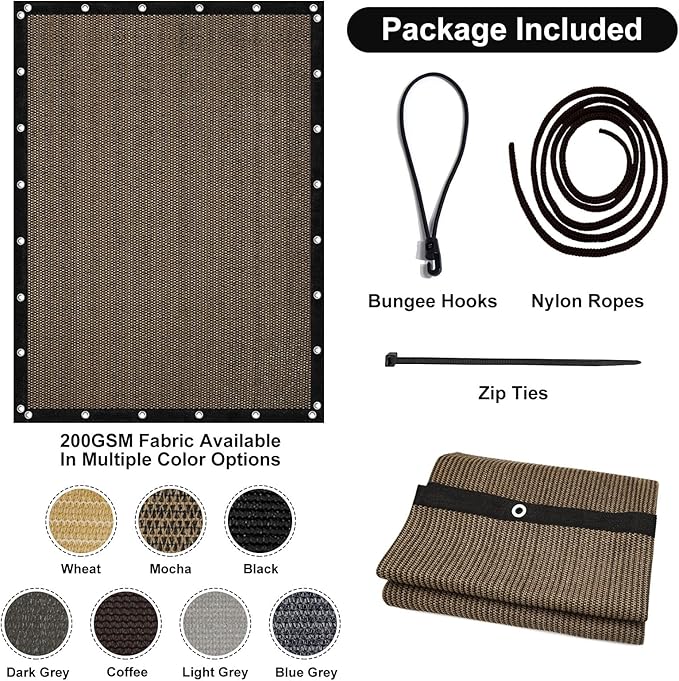 Artpuch 90% Sun Shade Cloth, 10 x 16 FT Pergola Shade Cover Canopy with Grommets, Sun Screen Fabric Tarp for Patio, Outdoor, Garden, Backyard, Mocha