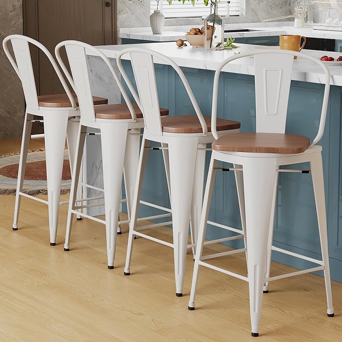 Alunaune 26" Swivel Metal Bar Stools Set of 4 High Back Counter Height Barstools Industrial Dining Bar Chairs with Large Wooden Seat-White