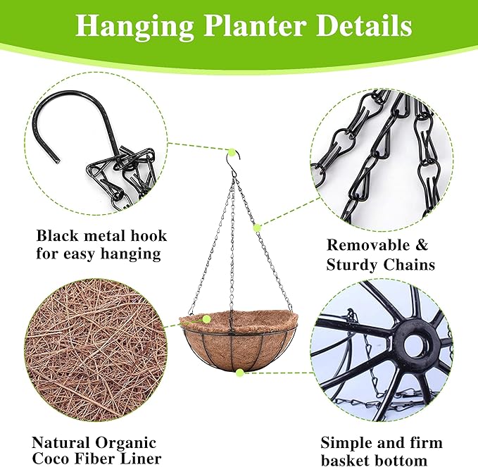 Metal Hanging Planters Basket Set of 4 Hanging Flower Pots 10 Inch Chain Round Wire Plant Holder with Coco Coir Liner Garden Watering Hanging Baskets for Patio Garden Outdoor1