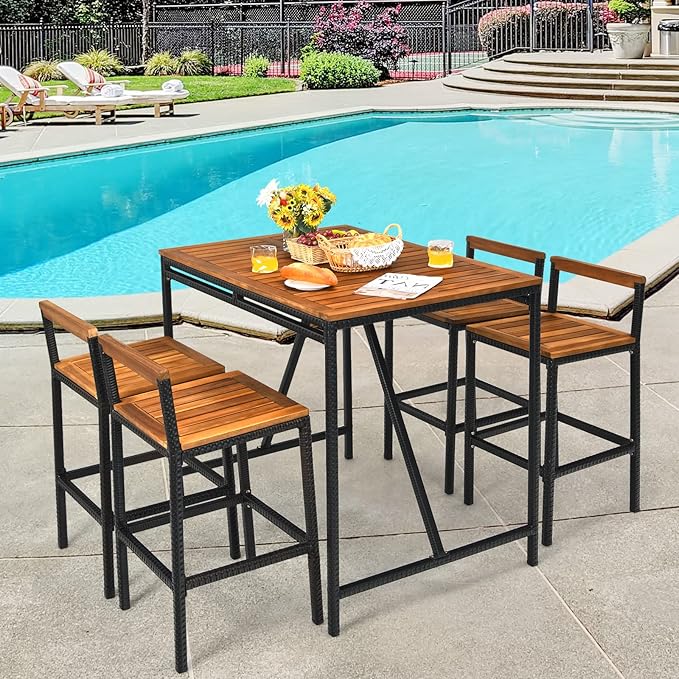 HAPPYGRILL 5 Pieces Patio Bar Table Set with Umbrella Hole Acacia Wood High-Dining Bistro Set with 4 Bar Stool, PE Wicker Outdoor Bar Set
