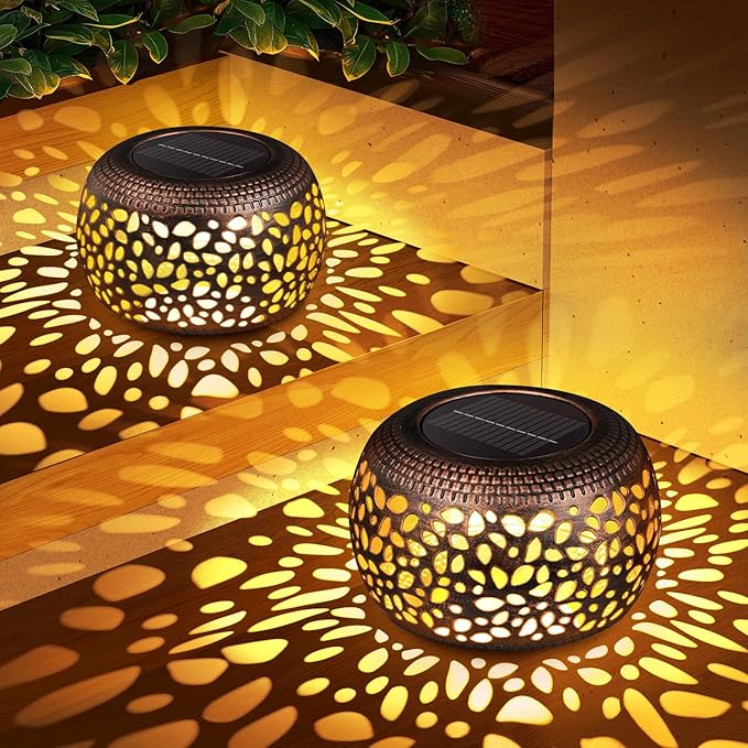 Solar Lanterns Outdoor Waterproof Decor: 2 Pack Red Copper Hollow Out Retro Metal Solar Lights - Unique Gardening Gifts for Women Mom - Outside Patio Porch Yard Tabletop Decorations 2 Lighting Modes
