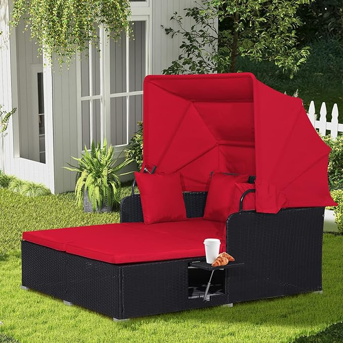 RELAX4LIFE Patio Outdoor Daybed with Canopy, Wicker Sunbed w/Cushions, 4 Pillows & 2 Retractable Side Trays, 2-Person Lounge Bed Conversation for Poolside Porch Garden, Rattan Outdoor Bed (Red)