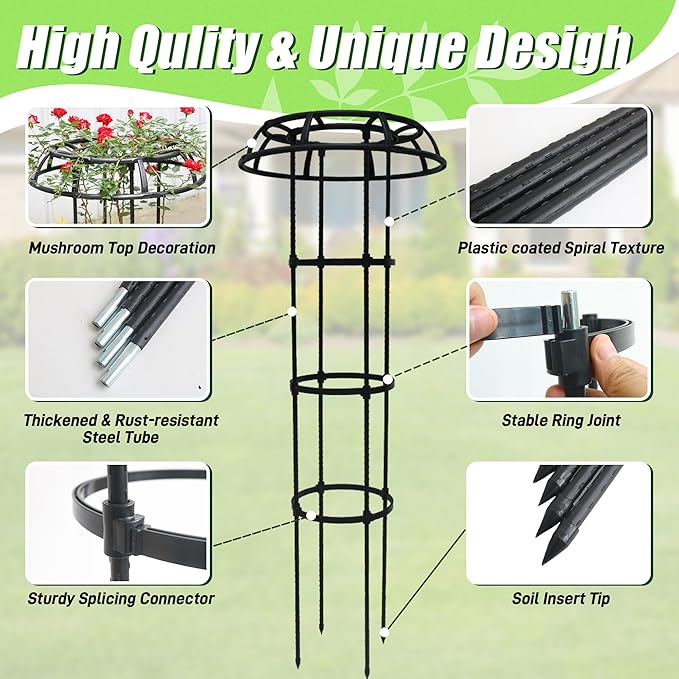 Garden Trellis for Climbing Plants Outdoor, 65 Inch Mushroom Top Trellis for Climbing Plants, Plant Trellis Support for Potted Plants Climbing Vine Rose Clematis Vegetable Trellis, 2 Pack