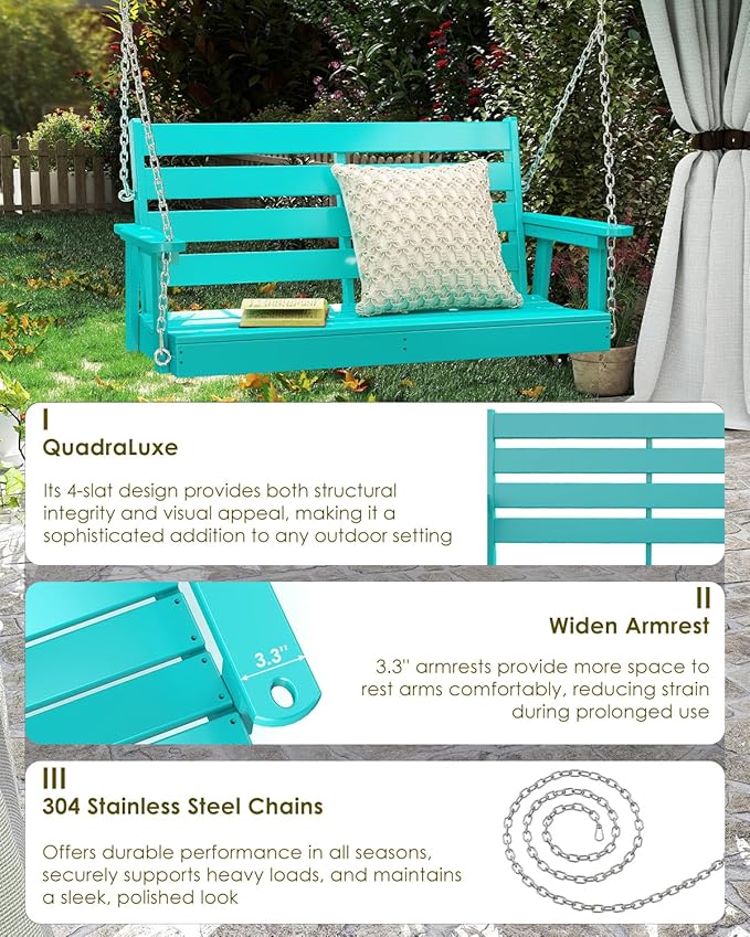 GREENVINES Porch Swing | 51’’ | HDPE Plastic | for Outdoor Patio | All Weather | Waterproof Bench Swings | w/ 4 Stainless Steel Chains | Aqua