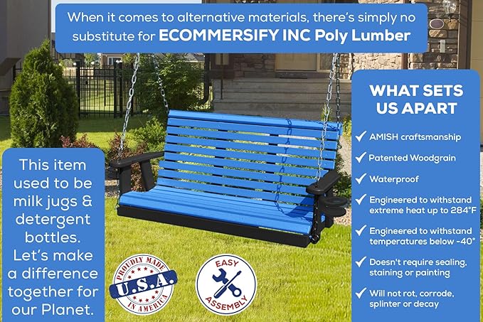 Poly Lumber Wood 4FT Porch Swing Amish Craftsmandship Made in USA HDPE with No wood fibers and 1000 lbs Limit. Stainless Steel Hardware.Signature Rollback design for Patio Outdoor Backyard Garden Park